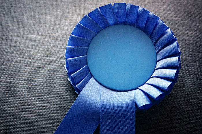 Blue ribbon against a gray background. Ruban bleu sur fond gris.